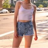Runway Paris Denim Shorts with Pearl Accent